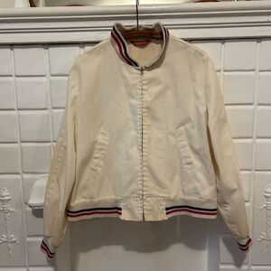 Vintage Cream Bomber Jacket with Striped Trim